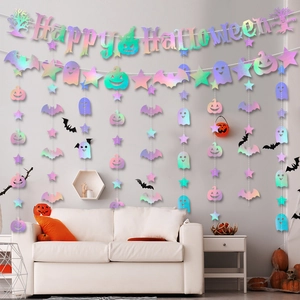 Iridescent Happy Halloween banner and laser paper ghost pumpkin garlands for party decor