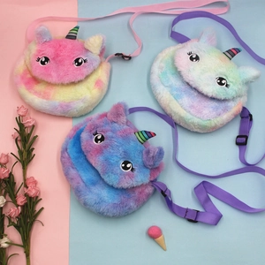 Cute Unicorn Plush Crossbody Bag For Girls Gradient Cartoon Shoulder Bag With Adjustable Strap Soft Faux Fur Handbag