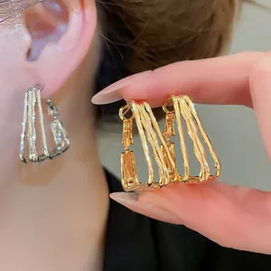 Geometric Multi Layered Hoop Earrings 18K Real Gold Plated Copper With Silver Earring Post Wave Textured Niche Design For Women