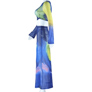 Detail of blue and yellow gradient abstract print on sheer mesh two-piece set