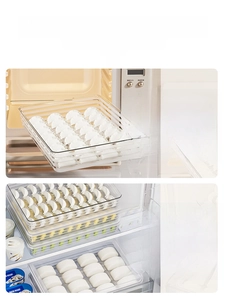 Food-grade dumpling storage box showing microwave safe and freezer resistant features