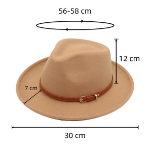 Camel Fedora hat specifications showing 7cm brim, 12cm height, and 56-58cm circumference
