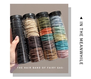 Detail of high-elastic hair bands in portable tubes with multi-color woven textures