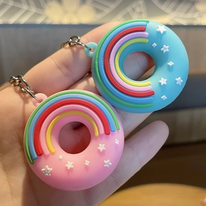Porte-clés beignets mignons en silicone rose et bleu avec motif arc-en-ciel