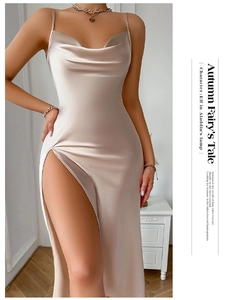 Detail of champagne gold satin dress featuring high side slit and cowl neck design