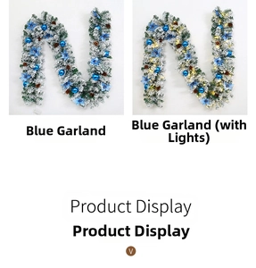 Detail of 2.7m flocked Christmas garland with blue silk flowers and LED lights