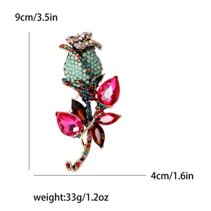 Elegant retro rose brooch with colorful rhinestones and gold base, 9cm height size guide