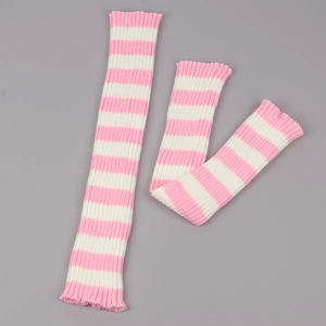 Close-up of pink and white striped knitted leg warmers with elastic ribbed texture