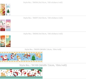 Detail showing Christmas and Mid-Autumn holiday sticker rolls and decorative adhesive tapes