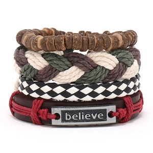 Handmade 4-piece vintage leather bracelet set with wooden beads and 'Believe' metal plate
