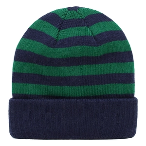 Close-up detail of children striped knit beanie in navy blue and green stripes