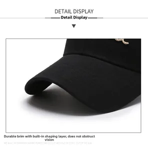 Detailed close-up of a sturdy black baseball cap brim with premium gold embroidery detail