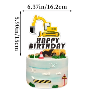 Construction theme happy birthday cake topper set with excavator design and size dimensions