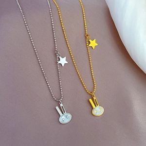 Minimalist titanium steel rabbit pendant necklace with mother of pearl inlay in gold and silver