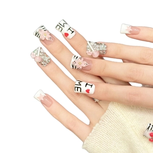 Pink cherry zebra press-on nails with 3D flowers and heart charms in long square shape