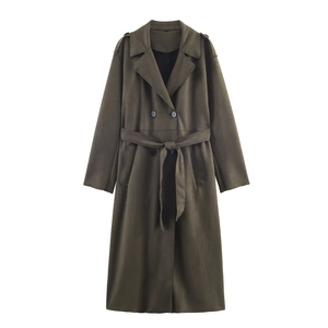 Trench-Coat Long Pour Femmes Effet Daim Double Boutonnage Avec Ceinture Vert Olive Manteau Élégant