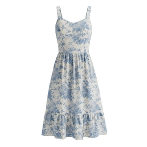 French Vintage Blue White Floral Print Spaghetti Strap Dress Ruffled Hem Smocked Back Vacation For Women