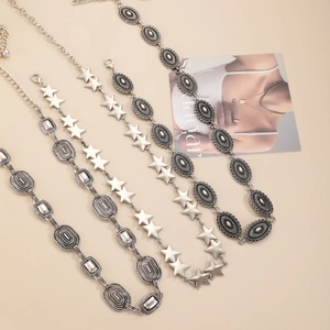 Bohemian silver metal chain belt set with star and oval vintage patterns for dresses