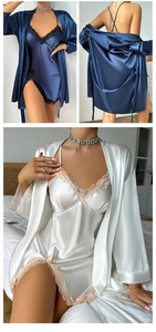 Detail of satin pajama set with lace trim featuring a slip dress and matching robe