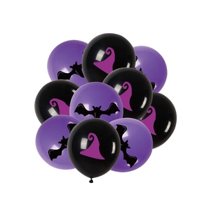 Cluster of black and purple Halloween balloons featuring bat and witch hat motifs