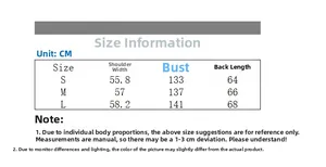 Detailed size chart for the oversized waterproof down jacket showing measurements in CM