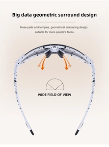 Top view of sports sunglasses featuring wrap-around frame and soft black nose pads