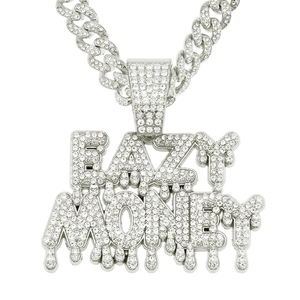 Close-up of EAZY MONEY iced-out pendant with silver finish and sparkling rhinestones