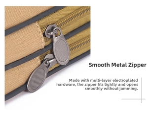 Detail of smooth metal double zippers on brown canvas waist bag for outdoor sports