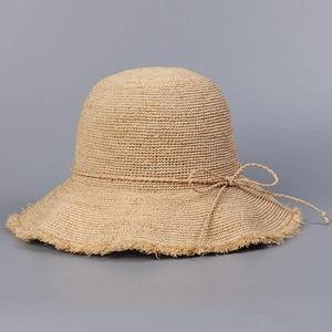 Handmade Raffia Straw Sun Hat For Women Wide Brim Fringed Edge Bowknot Foldable UV Protection Summer Beach Vacation