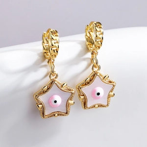 Gold-plated star earrings with white enamel inlay and pink evil eye charm detail