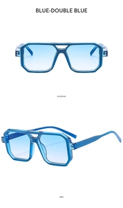 Detailed front and side views of double-bridge aviator sunglasses with blue gradient lenses