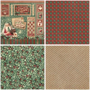 Detail showing four vintage Christmas paper patterns including Santa and holly prints
