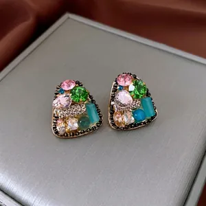 Retro triangle earrings with colorful rhinestones and black beaded border on satin