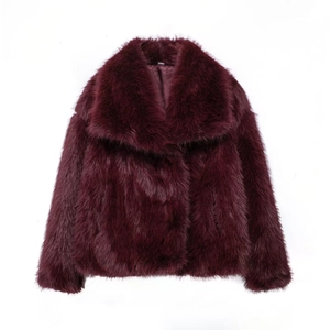 Short wine red faux fur coat for women with classic lapel in high texture finish