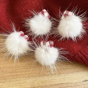 Plush Pom Pom Stud Earrings With 925 Sterling Silver Earring Post Red Plaid Fabric Heart Rhombus Winter Jewelry Women