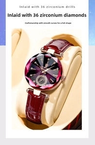 Detail of diamond-cut crystal glass and 36 zircons on a purple gradient quartz watch
