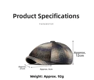 Détail d'une casquette gavroche vintage à carreaux avec dimensions et poids précises