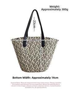 Detailed view of striped paper rope tote bag dimensions 44x30cm with black faux leather handle