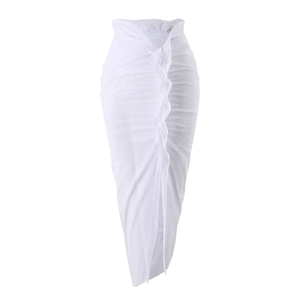 Detailed view of sheer white maxi cover-up skirt with ruffle trim and ruched mesh texture