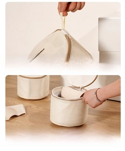 Detailed 3D cylindrical mesh bra laundry bag featuring a hanging rope and zipper protection