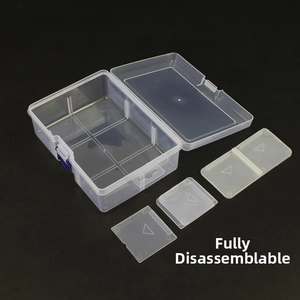 Detail of transparent storage box with blue buckles and fully detachable compartments