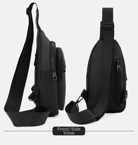 Detailed side and back view of black waterproof oxford chest bag with adjustable strap