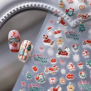 5D embossed Christmas nail stickers featuring festive puppy and tree on grey background