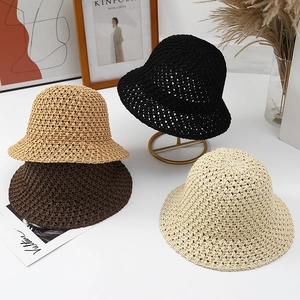 Chapeau Cloche Crochet Coton Paille Pour Femmes Pliable Respirant Ajouré Protection Solaire Plage Été Décontracté Style Japonais