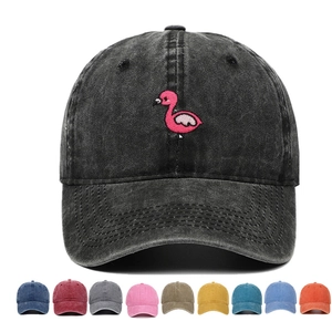 Washed Cotton Baseball Cap Vintage Pink Flamingo Embroidery Adjustable Dad Hat Casual Streetwear For Men Women
