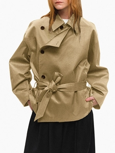 Short khaki double-breasted trench coat with waist belt and turn-down collar for women