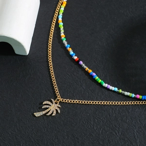Hip hop layered necklace with gold palm tree pendant and colorful seed beads for men