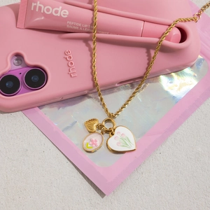 Collier en acier inoxydable doré avec perles, pendentifs cœur et motifs tulipes