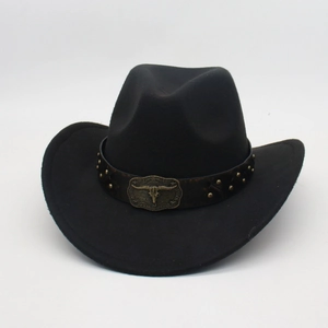 Detail of western cowboy hat with brown band and bronze bull skull metal rivet