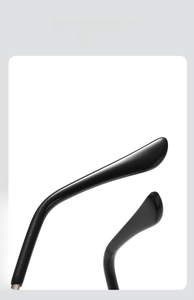 Detail of ergonomic curved black eyeglass temples with anti-slip design for comfort